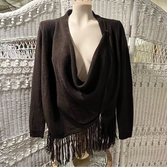 VENUS Womens S Cardigan Fringed Sweater‎ Zip Poncho Look Brown Drop Cowl Neck - Picture 1 of 16